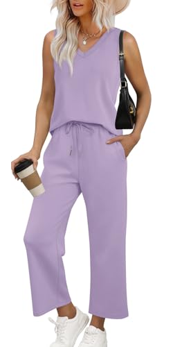 WIHOLL Travel Outfits for Women 2 Piece Sets Summer Outfits Holiday Party Outfits Lounge Pants Women Loose Fits Purple S