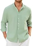 Enlision Sage Green Linen Shirts Men Long Sleeve Shirt Button-Down Light Green Henley Shirts Cotton Casual Summer Shirt Beach Holiday with Pocket M