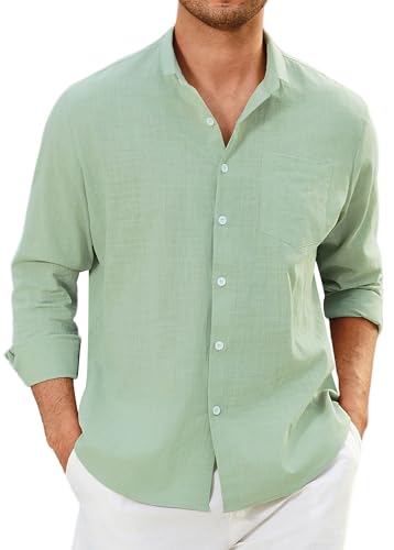 Enlision Chemise Vert Sauge Homme en Lin Manches Longues Chemises Vert Clair Été Coton Henley Shirts de Couleur Unie Leger Ample Casual de Plage XL