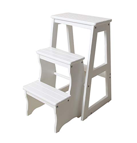 Escaleras Escalerillas Taburete Plegable Escalera de Madera Escalera de Mano de 3 Pasos Plegable y liviano para hogar Biblioteca desván Estantería de Escalera - Capacidad de 150 kg (Blanco)