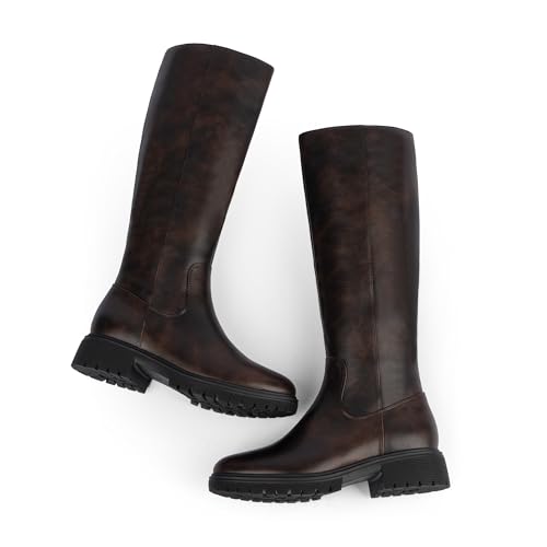 Image of VIUGJNEX Knee High Boots Women Low Heel Flat Chunky Fall Tall Riding Boots | Round Toe Boots, Platform Block Heeled Boots, Lug Sole Long Riding Boots, Low Heel Flat Boots with Side Zipper