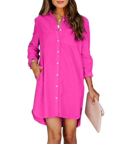 Image of Aoudery Womens Button Down Shirt Dresses with Pockets Cotton Button Up Tunics Long Sleeve Solid High Low Blouse Tops