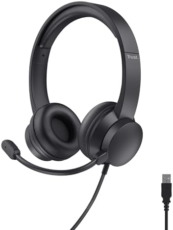 Trust Roha II USB Headset mit Mikrofon On-Ear Leichtes Design, Verstellbarer Kopfbügel, Kopfhörer mit Kabel 1,80 m, Headphones für PC Mac Office Chat Skype Teams Videokonferenz Zoom - Schwarz