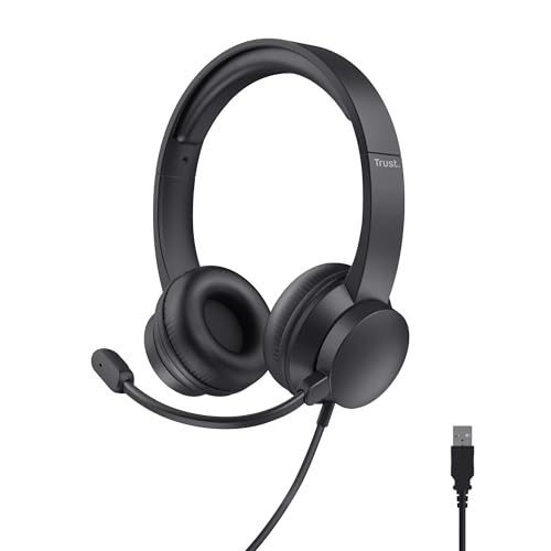 Trust USB Auriculares con Micrófono PC Ligero On Ear, Diadema Ajustable, Control de Volumen Supraaural, Cable de 1,8 m, Cascos per Oficina Ordenador Portátil Laptop Zoom Teams – Negro