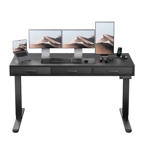 Image of HUANUO Electric Standing Desk with Drawers, C-Clamp Mount Compatible, 55 x 28 Inch Height Adjustable Sit Stand Desk, Fabric Drawers, Home Office Stand Up Desk with 4 Custom Height Settings, Black