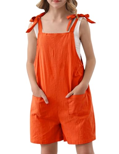 Image of Girls Romper Sleeveless Adjustable Tie-Up Strap Short Jumpsuits Summer Clothes with Pocket 5-12 years
