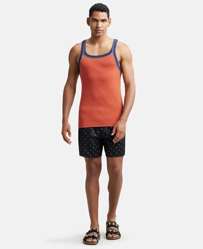 Image of Jockey US54 Men's Super Combed Cotton Rib Square Neckline Gym Vest with Back Panel Graphic Print (Shoulder Starp Color May Vary)