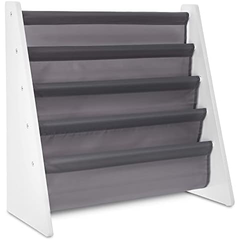 LIVIVO ® Childrens Colourful Sling Storage Bookshelf - Easy Access Wooden Book Storage with Soft Nylon Fabric Shelves to Protect your Kids Books - Perfect Height for your little reader (Grey) Cover