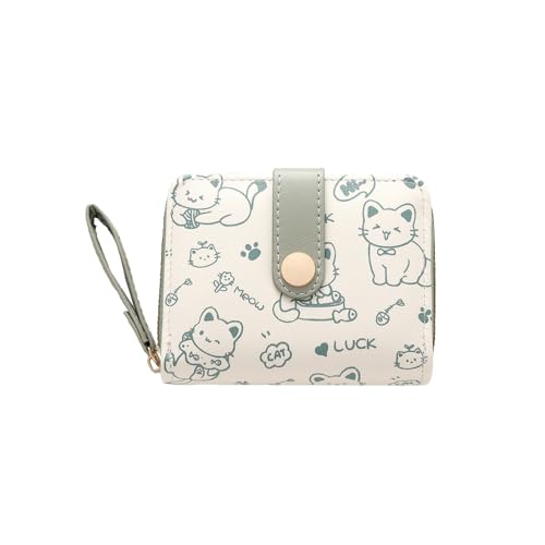Carteira feminina pequena e fofa padrão de gato com zíper para porta-cartões de crédito para dinheiro e moedas, Verde, Small, Bonito