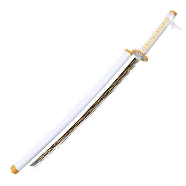 Image of Demon Slayer Zenitsu Agatsuma Katana Wooden Sword with Display Stand, Life Size Nichirin 104cm Bamboo Wood Anime Cosplay Replica Toy with Sheath, Yellow and Black Design