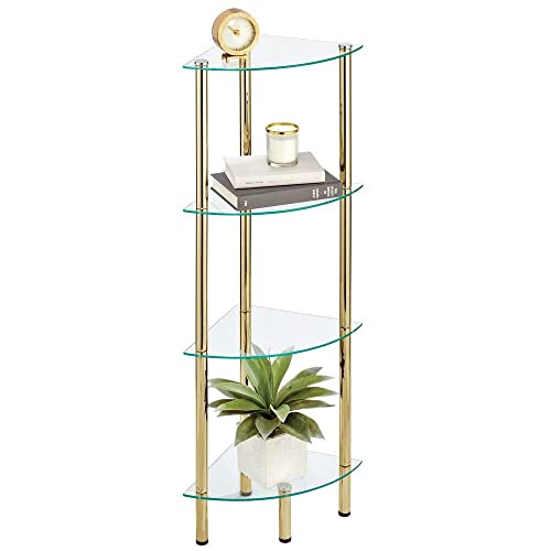 mDesign étagère d'angle à 4 Niveaux – Meuble de Salon Compact et Moderne en Verre et métal – étagère en Verre pour Bureau, Chambre, Salon – Laiton/Transparent
