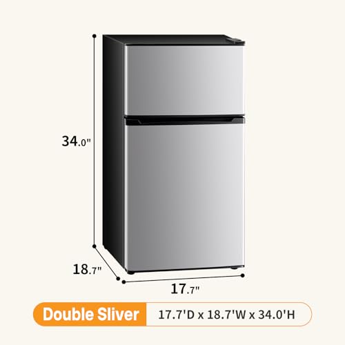 Image of NEWBULIG Mini Fridge with Freezer 3.2 Cu.Ft Small Refrigerator for Office, Dorm, Small Fridge with Adjustable Thermostat, Energy Saving, Dual Door, Sliver