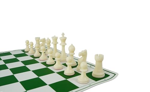Image of 18'' X 18'' Professional Tournament Chess Set with Green Vinyl Foldable Chess Board Game with Solid Plastic Pieces with Extra Queens and Black Bag