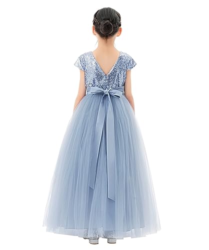 ekidsbridal Sequins V-Back Cap Sleeves Formal Flower Girl Dresses for Junior Pageants 3232