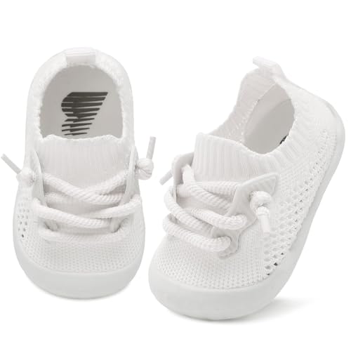 JIASUQI Baby Boys Girls Shoes Wide Barefoot First Walking Shoes Soft Infant Sneakers Toddler Lightweight Sock Shoes(White 110,6-12Months)