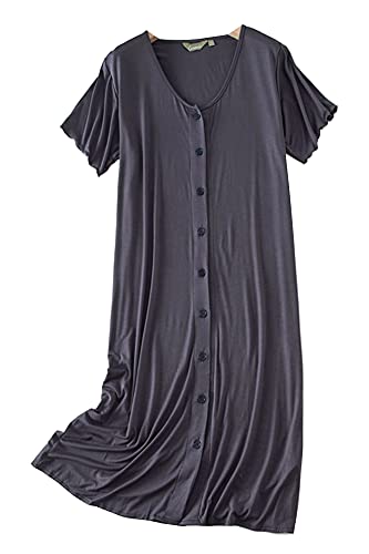 Chung Women Nightgown Front Open Modal Long Pajamas Nightdress Short Sleeve Sleepwear With Ruffles Button Down (Large, Charcoal Grey) #TOP1