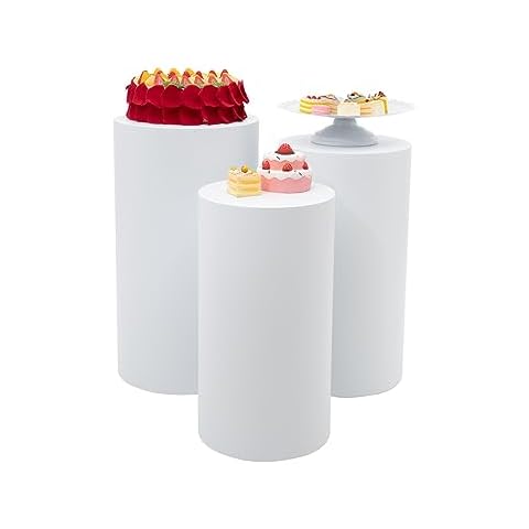 LOYALHEARTDY 3Pcs Cylinder Pedestal Stand, Cylinder Stands for party Event Decor Round Cylinder Stand Pedestal Display for Wedding Decoration, 19.6" H+21.6" H+23.6" H Cover