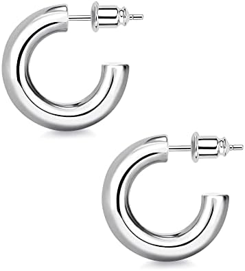 Wowshow Chunky Hoop Earrings, Small Hoop Earrings for Women Silver Plated 20mm Thick Open Hoops Lightweight