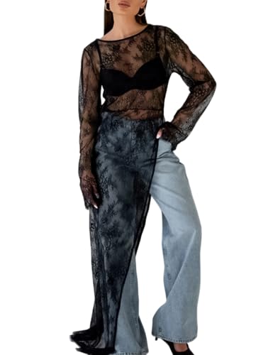 Perbai Women's Mesh Long Sleeve Top Sheer Lace Shirt Crew