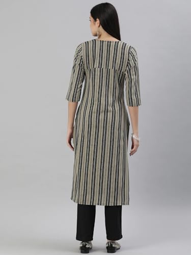 Image of Saanjh Women's Fit Straight Cotton Blend Long Kurta, 3 /4 Sleeve, Knee Length Kurtis, Casual and Office Wear
