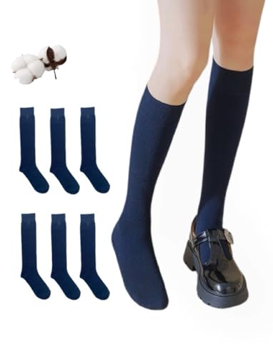 CYS Calcetines 6 Pares De Colegio Escolares Medias Largos Altos Algodón Hasta rodillas Lisos Para Niñas Niños Infantiles Uniformes Unisex (27-30, AZUL MARINO)