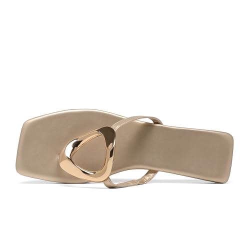 Women's Flat Flip Flop Summer Sandals,Ladies Cute Trendy Comfortable Memory Foam Clip Square Toe Beach Strappy Bling Metal Leather Outdoor Slipper Vacation Slides Shoe3