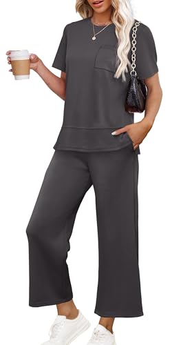 OFEEFAN Women's Lounge Sets Fashion Outfits Wide Leg Loungewear Side Slit Tracksuit for Vacation Travel Airport S-3XL