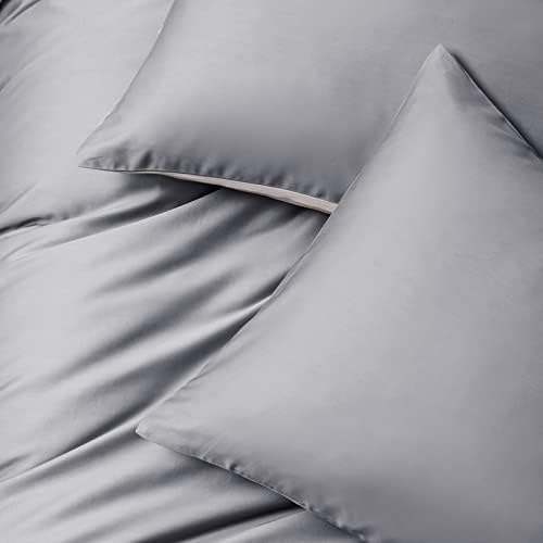 Jemiipee Satin Duvet Cover Set Reversible Double Size Luxury Silk Like Soft Summer Bed Bedding Sets Solid Color Quilt Covers with Zipper Closure and Pillowcases Grey Khaki
