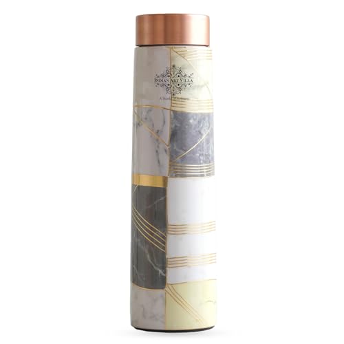 Image of INDIAN ART VILLA Copper Gold Print Copper Bottle, Copper Drinkware, 800 ML, Gold Printed White