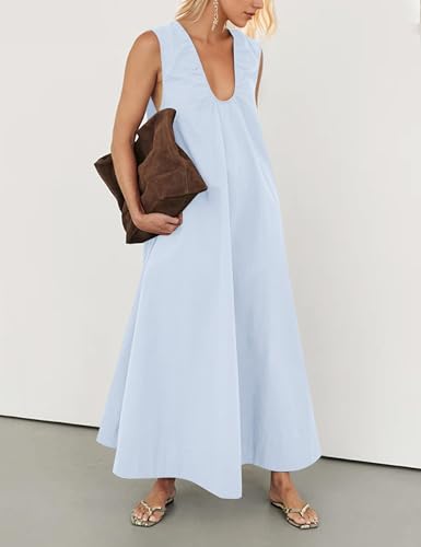 Image of Women Sleeveless Ruched Maxi Dress Scoop Neck Long Elegant Dresses Wide Shoulder Strap Blouse Dress with Side Pockets