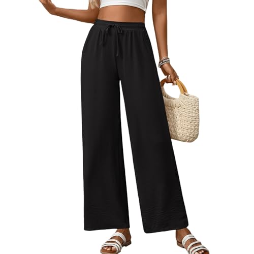 Women's Wide Leg Pants Adjustable Tie Knot Elastic Waist Palazzo Pants High Waist Loose Flowy Trousers with Pockets3
