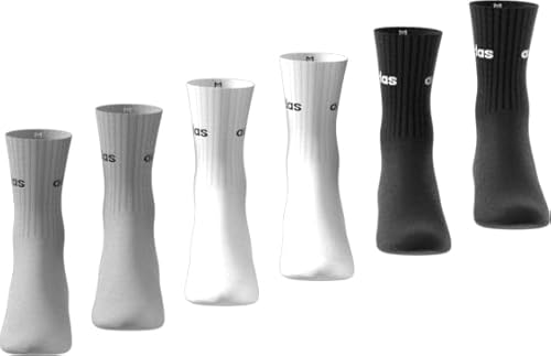 adidas Unisex LINEAR CREW SOCKS CUSHIONED SOCKS 6 PAIR PACK, Medium Grey Heather/White/Black, 5-6 Years