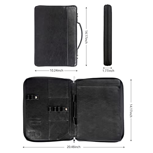 Azxcg Leather Portfolio For Men, Resume Padfolio Folder With Handle/Shoulder Strap, Zippered Legal Pad Holder Organizer For 15" Laptop, Leather Conference Folder, Office Gifts, Black #TOP3