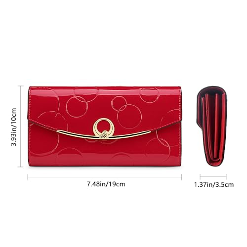 Wallet Women's Genuine Leather Long Three Fold Wallet Bright Leather Large Capacity Buckle, Circled Embossed Pattern, RFID and Magnetic Anti Theft (Red)3