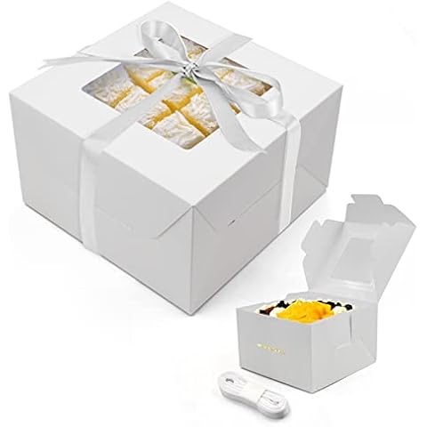 opaprain 25pcs 8x8x5 Inches Cake Boxes, White Bread Boxes with Windows for Pastries, Cupcakes,Cookies, Pie, Muffins and Donuts Cover