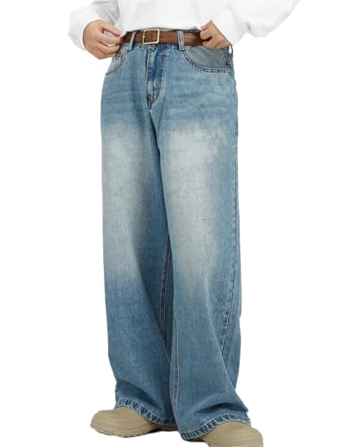 Men's Loose Fit Straight Leg Denim Jeans Baggy Wide Leg Plain Pants Trousers2