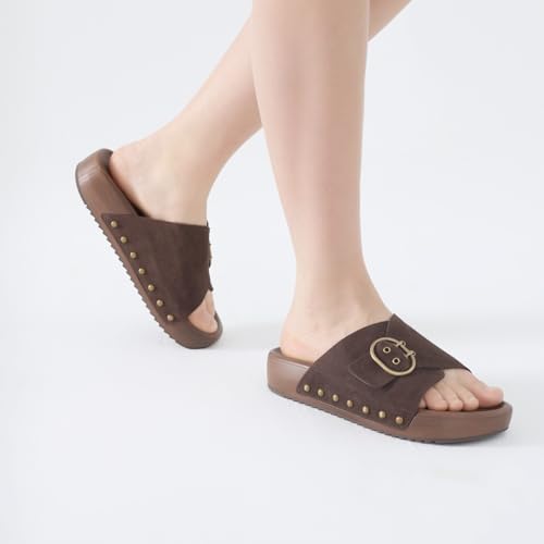 Image of UBFEN Womens Slides Platform Sandals - Genuine Leather, Arch Support Comfortable Buckle Sandals for Walking