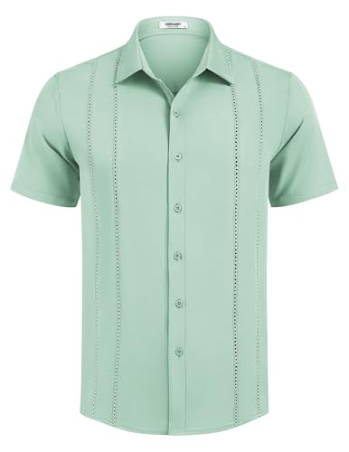 Image of COOFANDY Mens Cuban Guayabera Shirt Short Sleeve Button Down Shirts Summer Beach Vacation Shirts