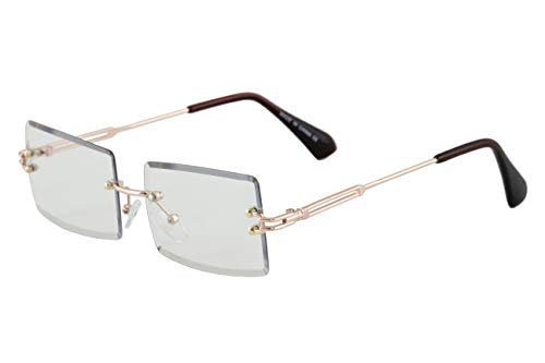 Elite Slim Rimless Rectangular Metal & Wood Art Aviator Sunglasses (Clear Gold)