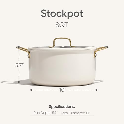 Image of CAROTE 8QT Full Clad Tri Ply Stainless Steel Stock Pot with Lid | All Stoves Compatible, Oven & Dishwasher Safe, Stay Cool Handle, White, Cookware for Simmer