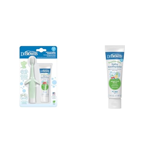 Dr. Brown’s Infant-to-Toddler Elephant Toothbrush and Fluoride-Free Strawberry Baby Toothpaste Set, 0-3 Years with Mixed Fruit Baby Toothpaste, 1.4oz/40g, 0-3 Years