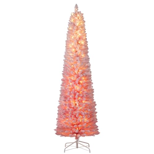 Goplus 7ft Pink Slim Pencil Christmas Tree, Pre-lit Snow Flocked Artificial Skinny Xmas Tree with...