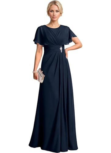 Chiffon Beading Mother of The Bride Dresses for Women 2025 Long Scoop Neck Formal Dress with Sleeves