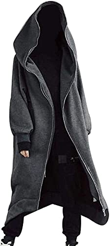 Unisex Langarm Kapuzen Langer Mantel, Reißverschluss Fleece Gefütterter Langer Hoodie mit Kapuzentaschen, Unregelmäßiger Saum-Cardigan-Mantel-Trench, Stilvoller Hip-Hop-Mantel (Grau,2XL) Cover