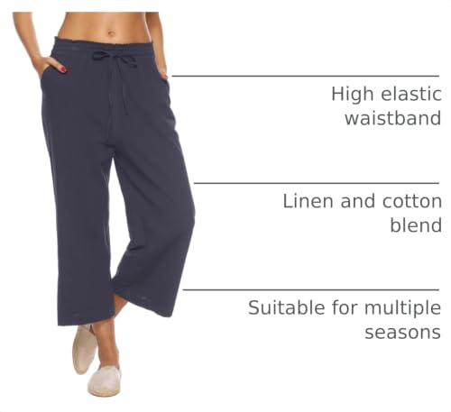 Image of LNX Womens Linen Capri Pants Wide Leg High Waisted Drawstring Casual Cropped Pants with Pockets