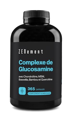 Glucosamine avec Chondroïtine, MSM, Boswellia, Bambou et Quercétine | 365 Gélules | Contre Douleurs Articulaires | Non-GMO, GMP, Sans Additifs, Sans Gluten | Zenement