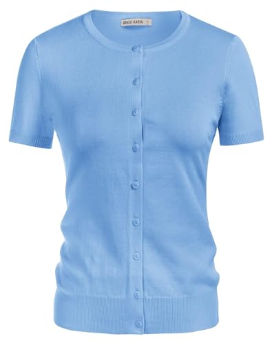 Image of GRACE KARIN Women Short Sleeve Cardigan, 2026 Summer Knitted Sweater Tops, Basic Crew Neck Crop Outfits