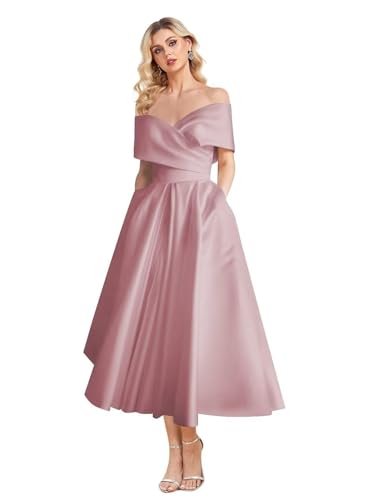 Image of Women's Off Shoulder Wedding Dress for Bride Tea Length A Line Satin Formal Prom Dresses with Pockets