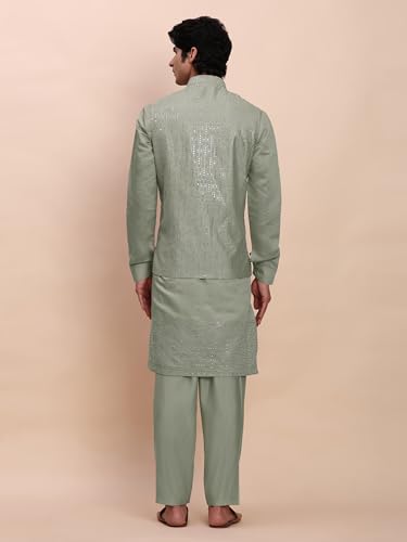 Men's Cuffed Sleeves Cotton Kurta and Trouser Set with Embroidered Waistcoat (Nehru Jacket) (C-121)2