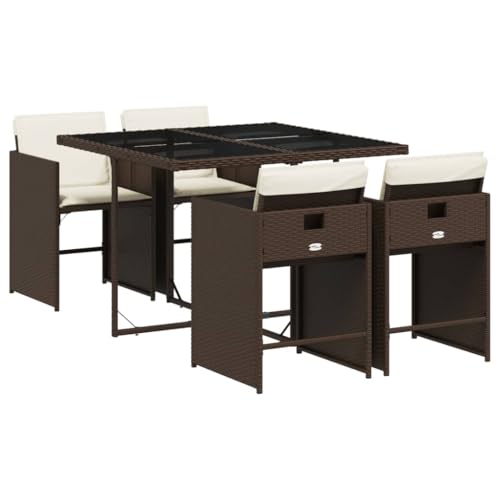 Image of 5-Piece Brown and Cream Patio Dining Set with Foldable Design, Weather-Resistant PE Rattan and Steel Frame, Plush Cushions for Outdoor Relaxation, Rectangular Table